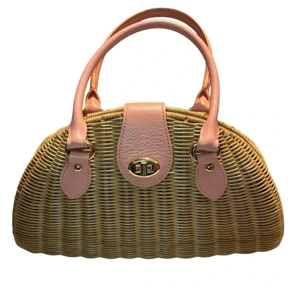 NEW Banana Republic Woven Bag Tan Rattan Pale Pink Leather Gold-tone Hardware - Picture 1 of 16
